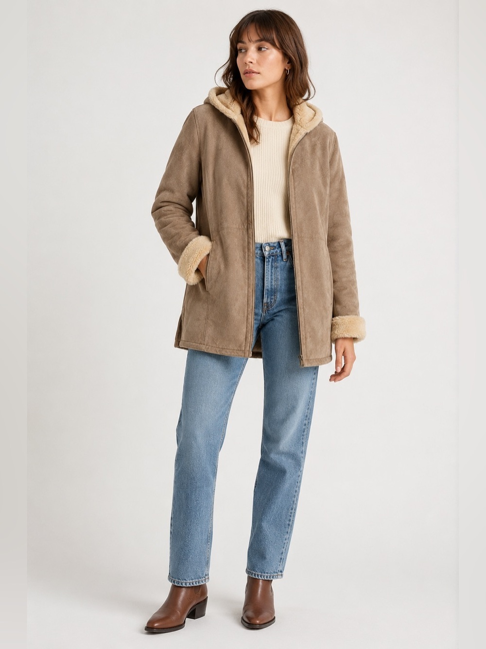St. John’s Bay Faux Suede Sherpa Hooded Jacket Women’s Small Beige Taupe Coat